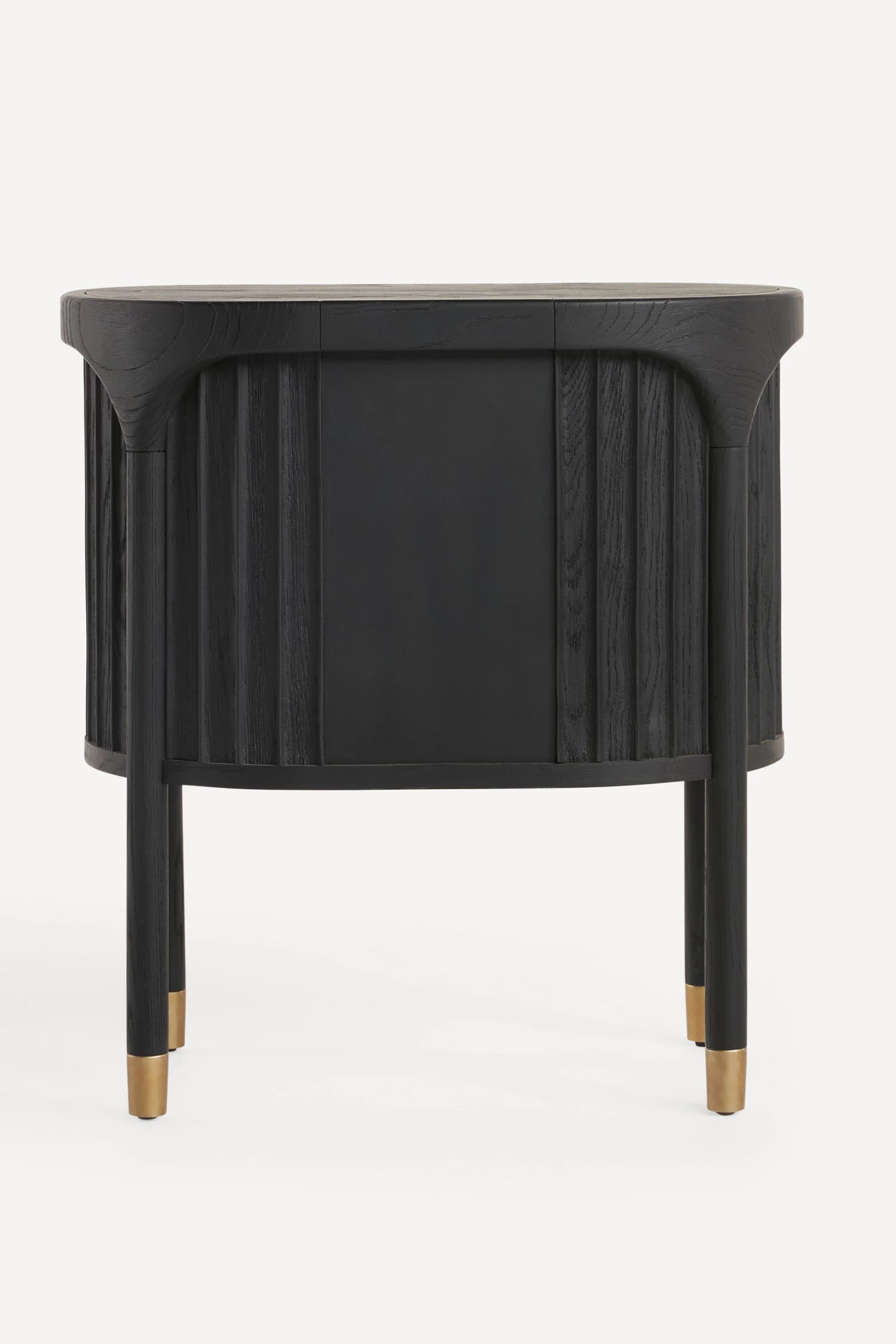 Black side table with gold accents on a white background