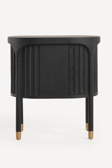 Black side table with gold accents on a white background