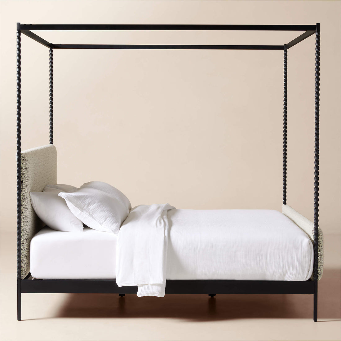 Amani Hand-Forged Steel Framed Black and White Boucle Upholstered Canopy King Bed