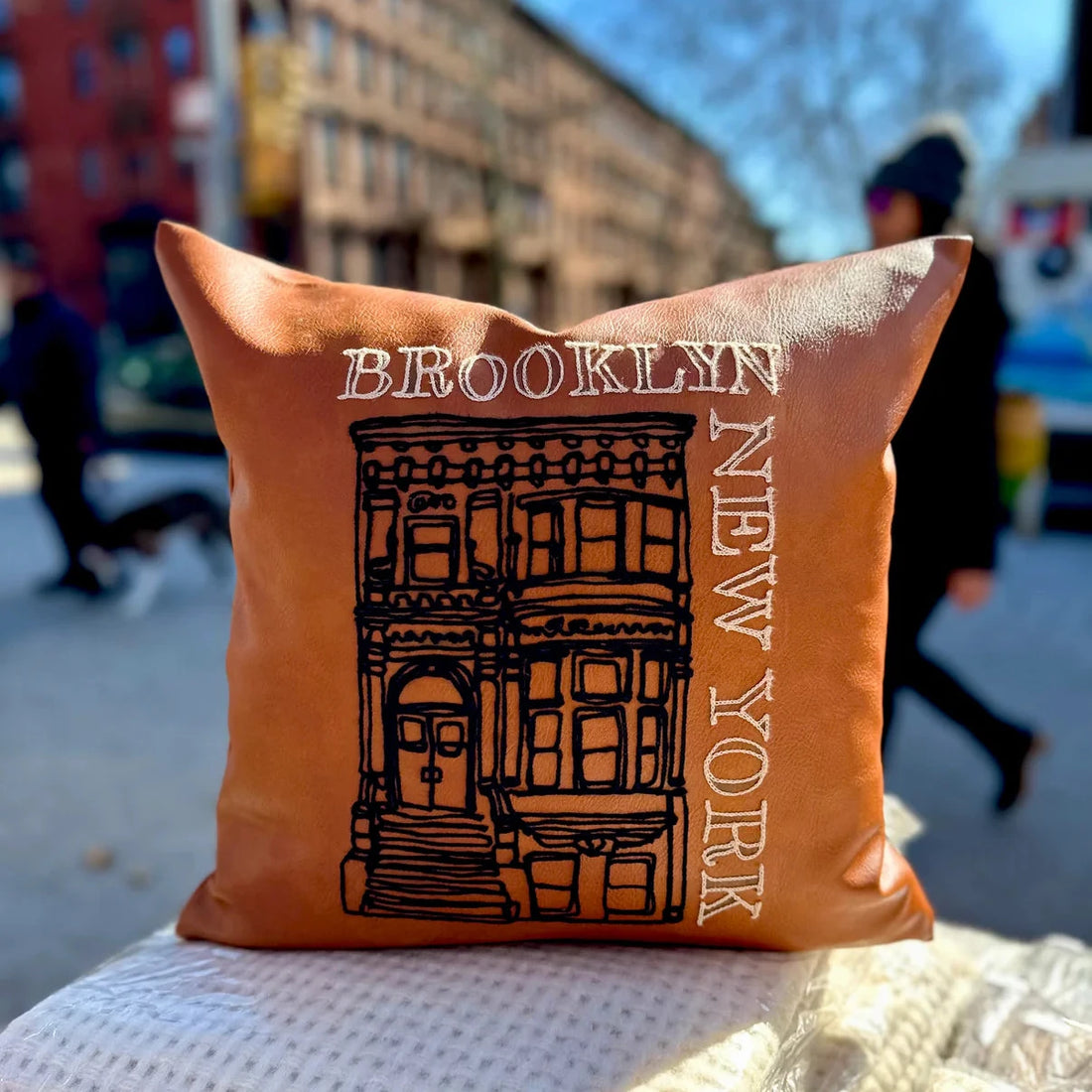 Brooklyn Brownstone Embroidered Pillow