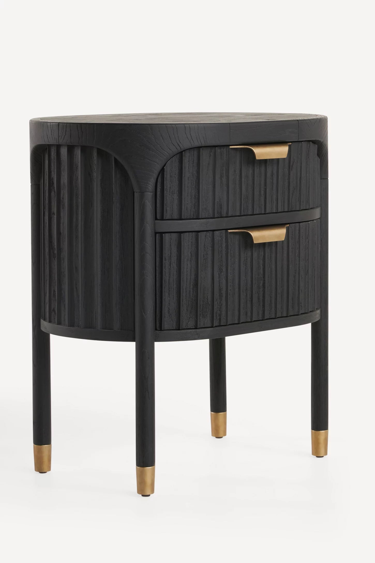 Black side table with gold accents on a white background