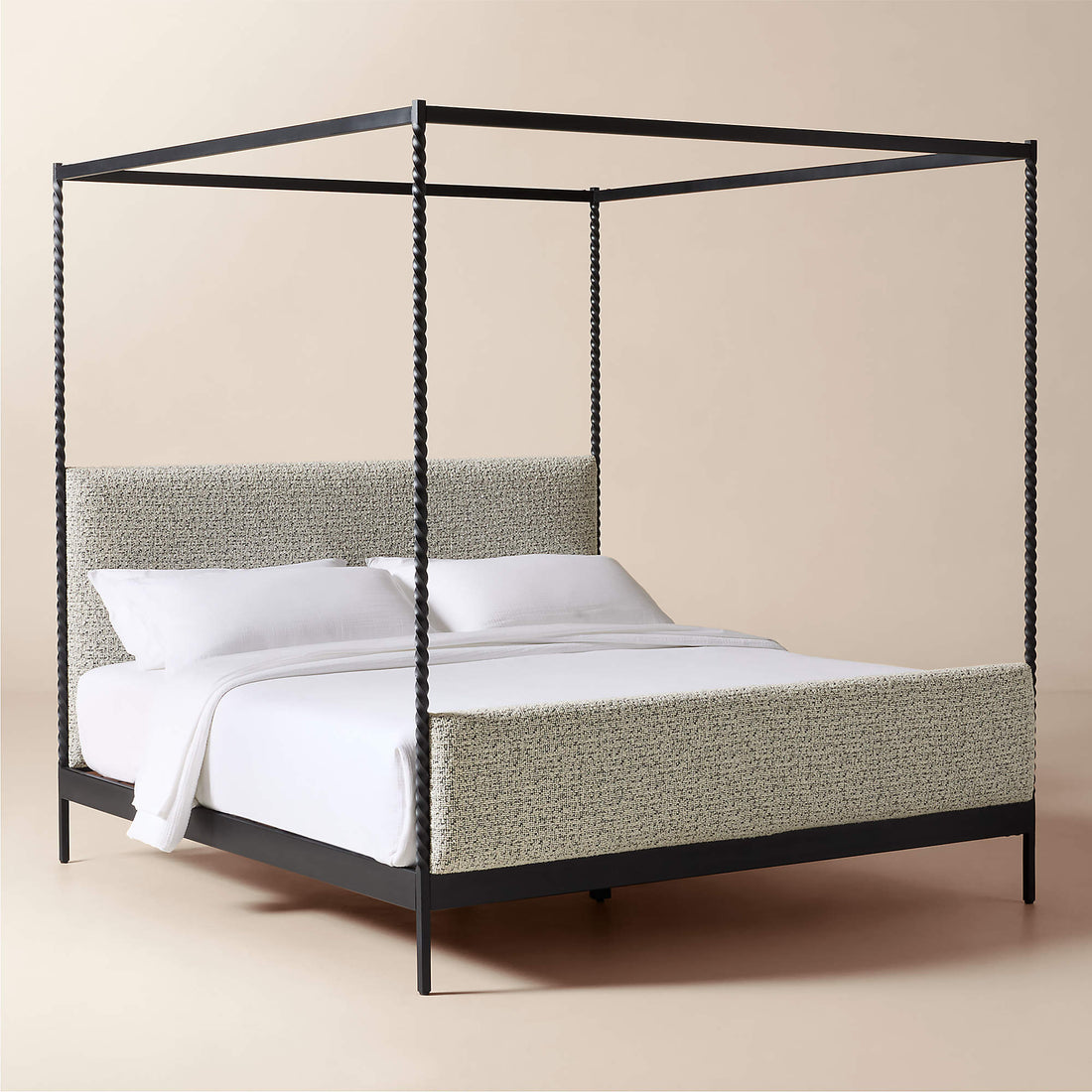 Amani Hand-Forged Steel Framed Black and White Boucle Upholstered Canopy King Bed