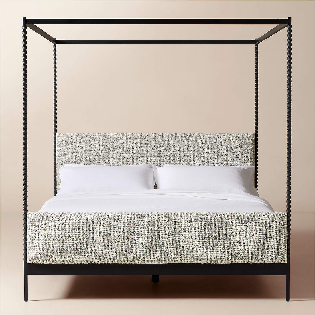 Amani Hand-Forged Steel Framed Black and White Boucle Upholstered Canopy King Bed