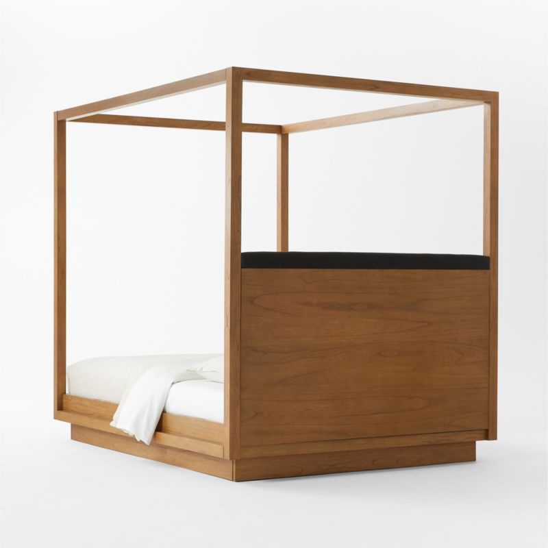 Clauson Black Upholstered and Wood Canopy Queen Bed
