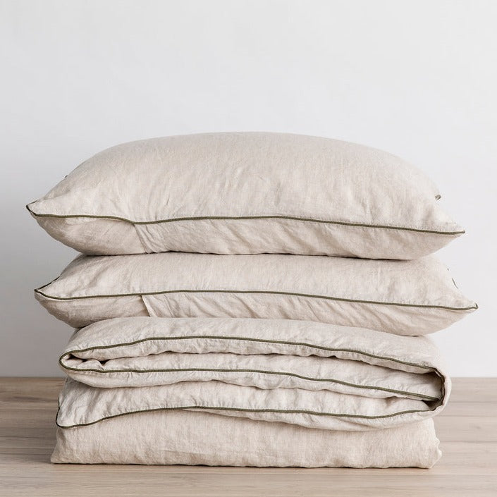 Piped Linen Duvet Cover Set - Natural and Forest